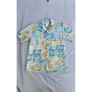 Vintage Ho Aloha Shirt Mens Large Blue Floral Turtle Hawaiian Button Made Hawaii